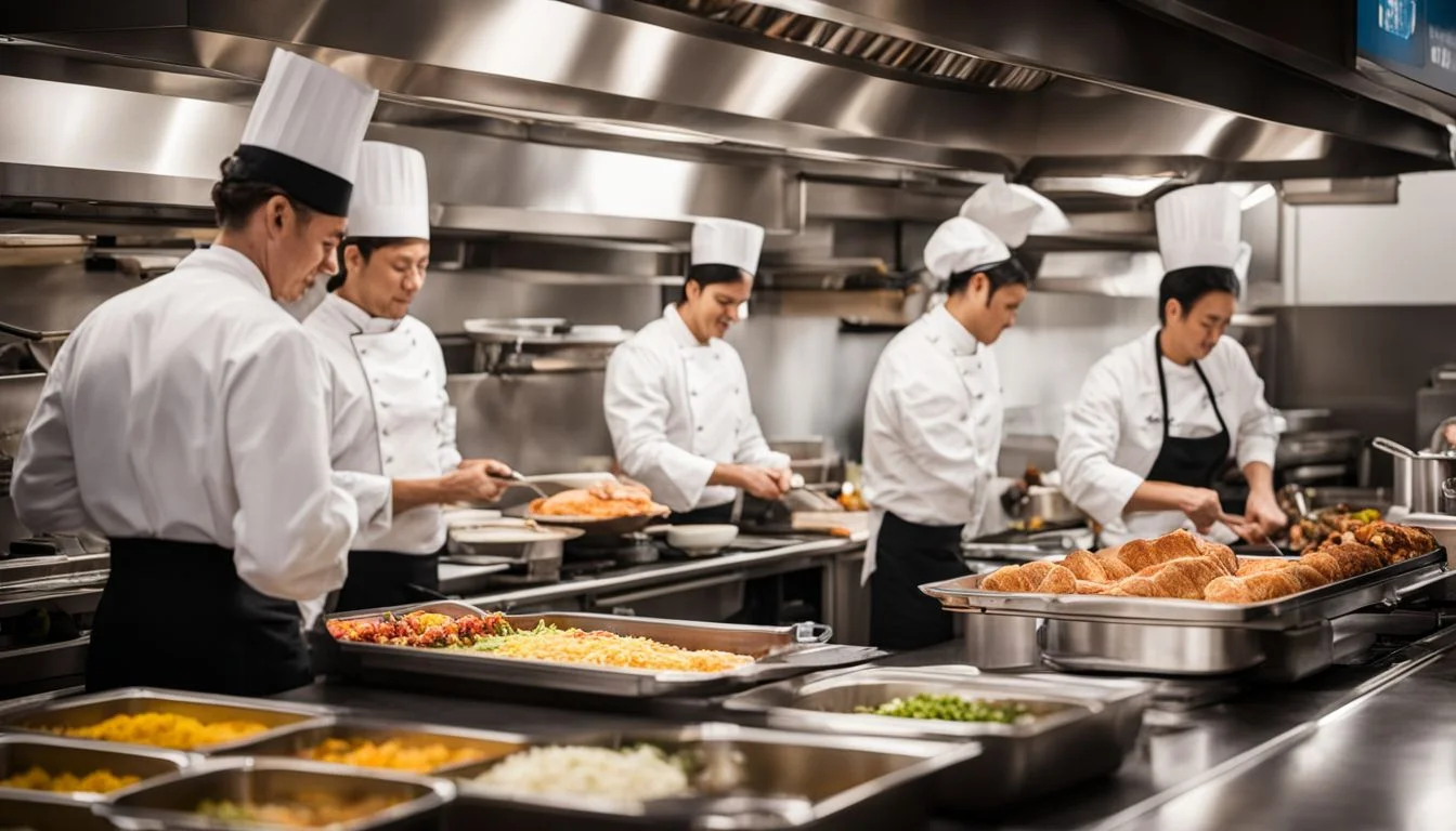 A bustling and diverse kitchen filled with catering staff at work. A bustling and diverse kitchen filled with catering staff at work.