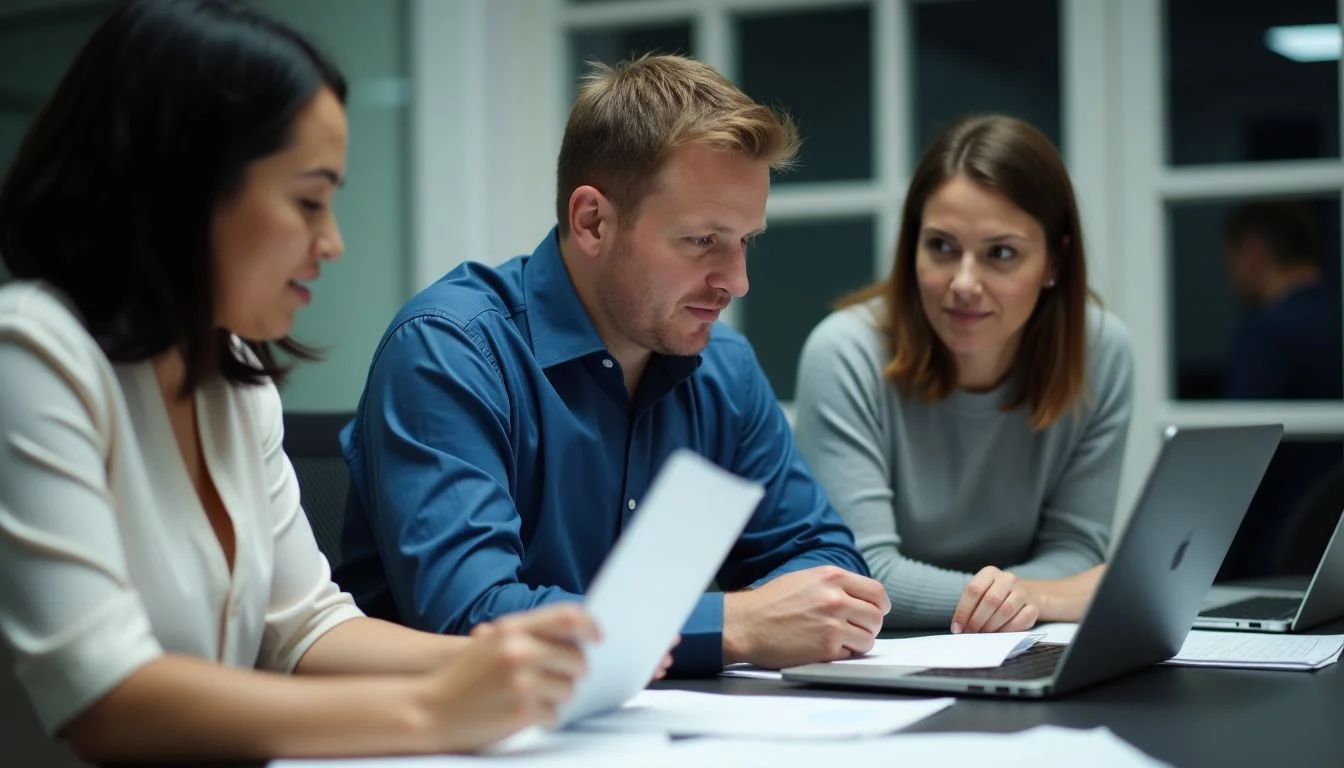 A group of professionals collaborating in a busy office environment.