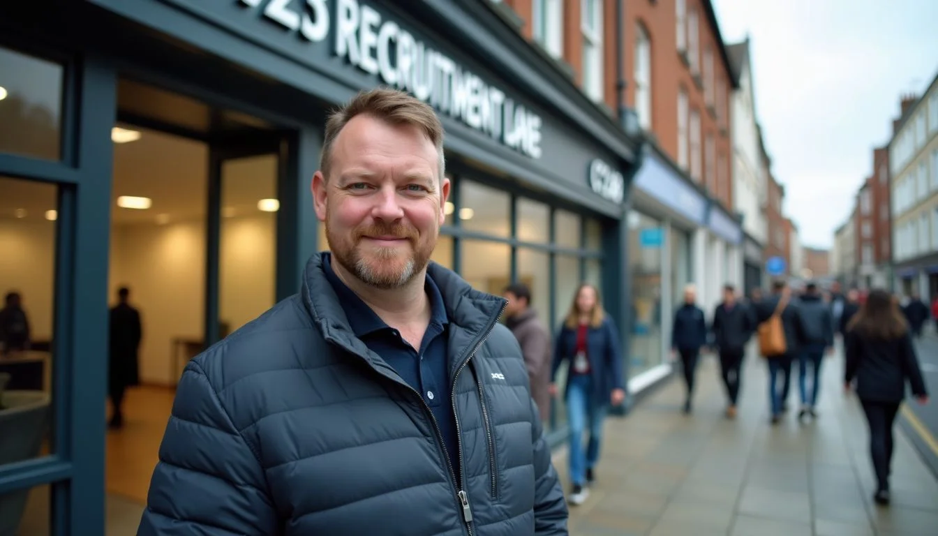 A man stands outside a recruitment office in a busy city.