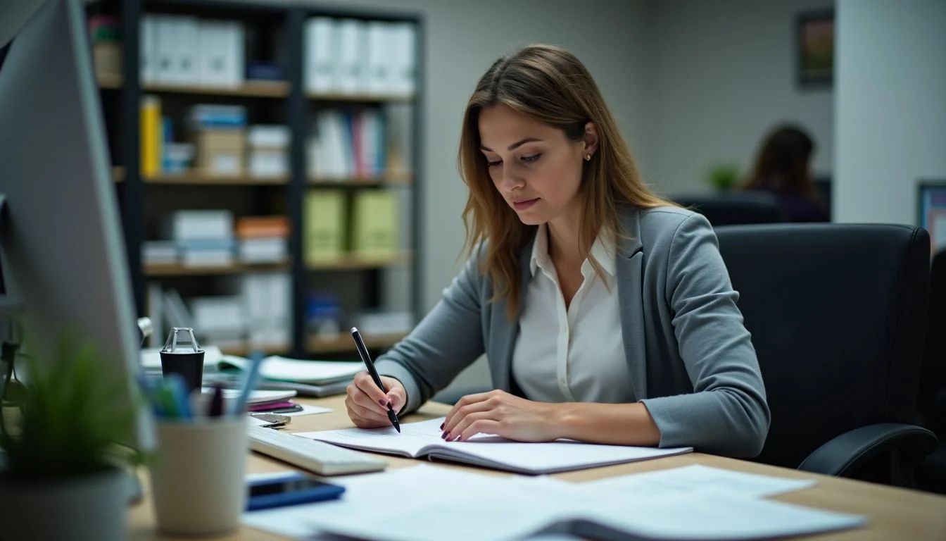 A woman reviewing resumes in a busy office in Coventry.