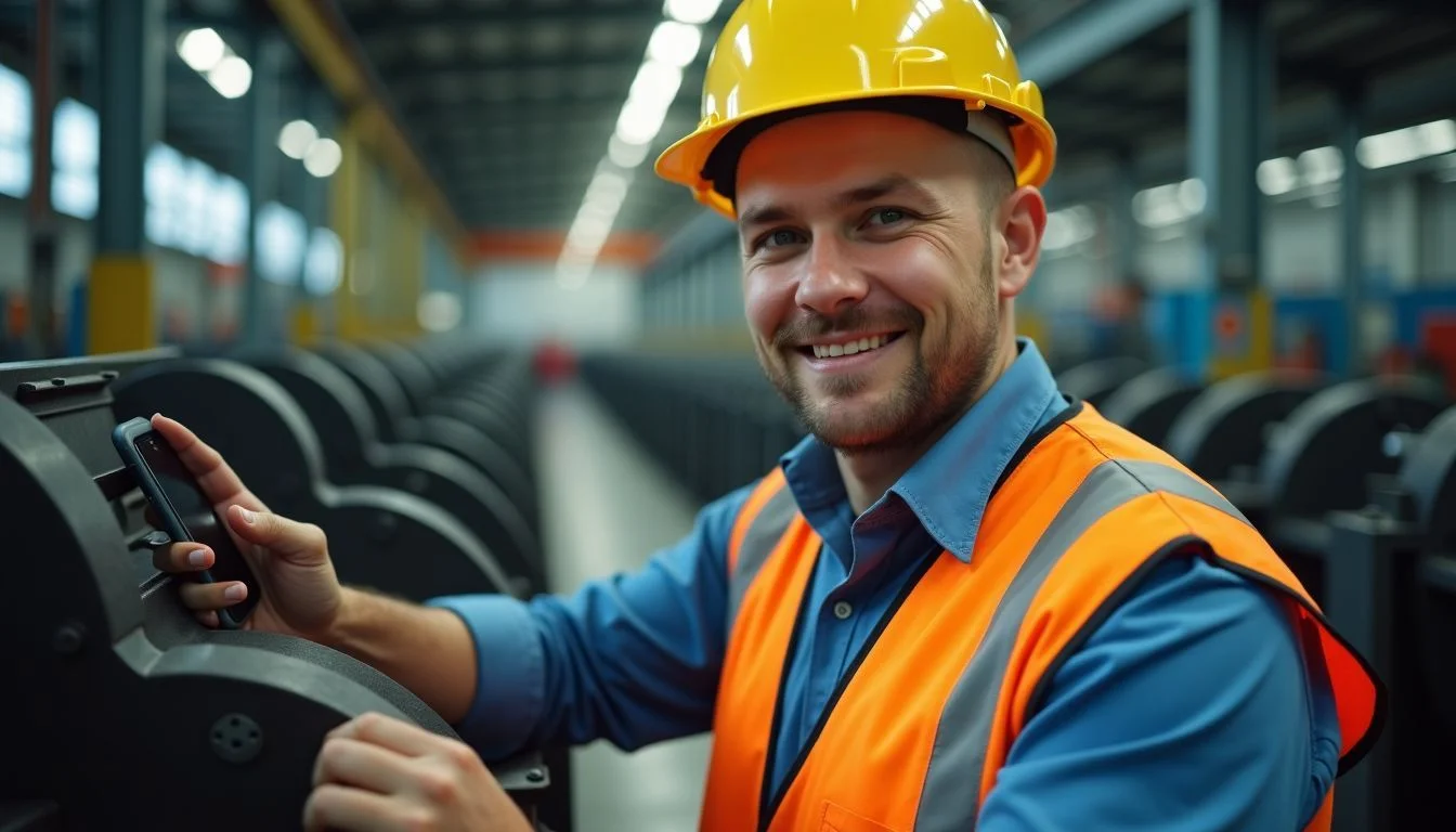 An industrial engineer in safety gear inspects machinery at a plant.