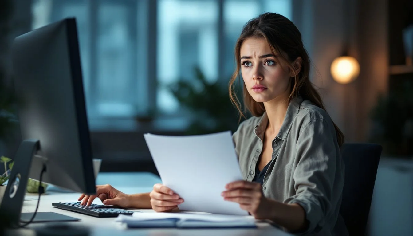 A woman in her mid-30s sits at a desk in a modern office, looking puzzled at the CV in her hands.