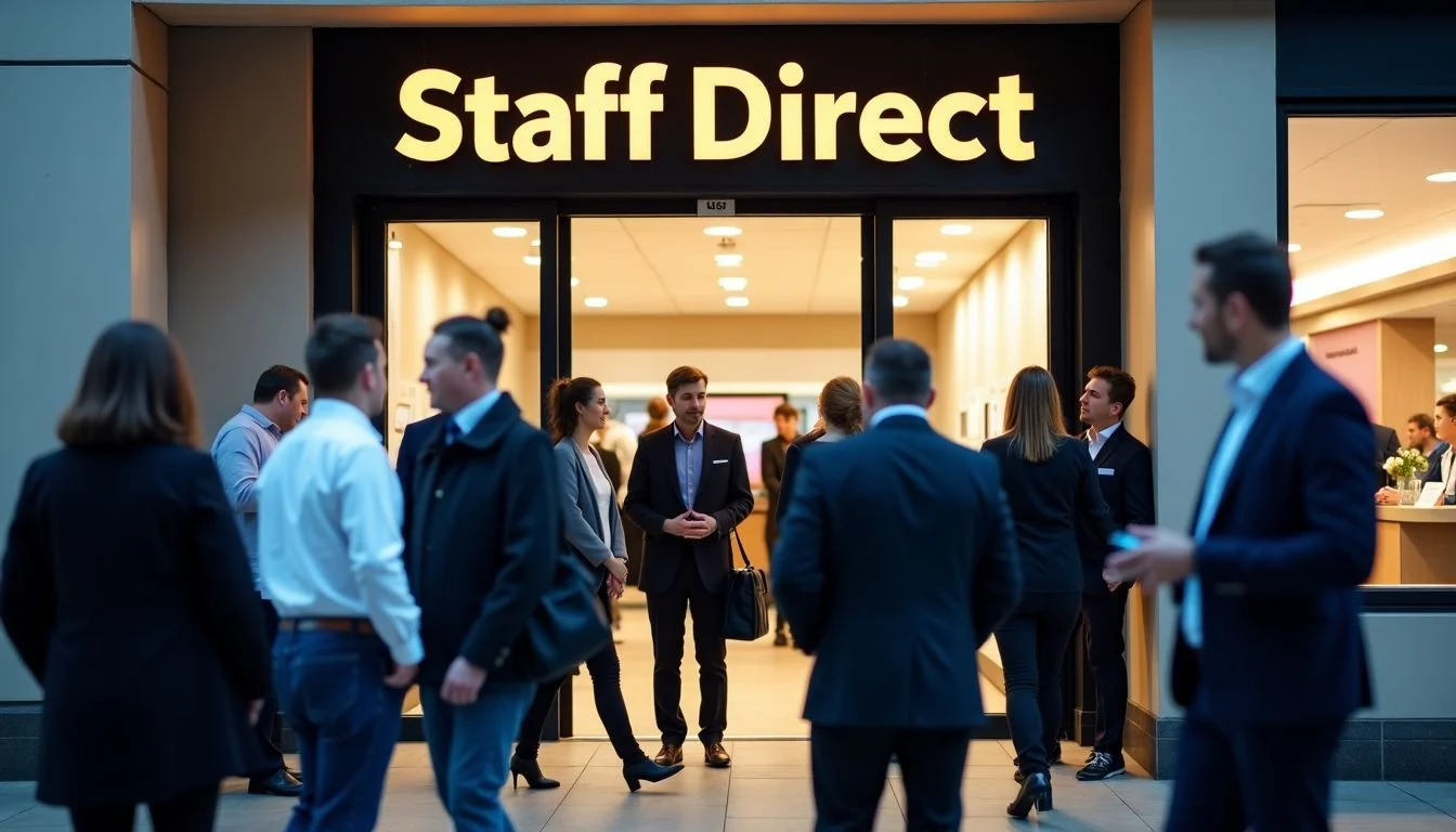 The image shows the entrance to Staff Direct in Coventry during business hours, with people coming and going.