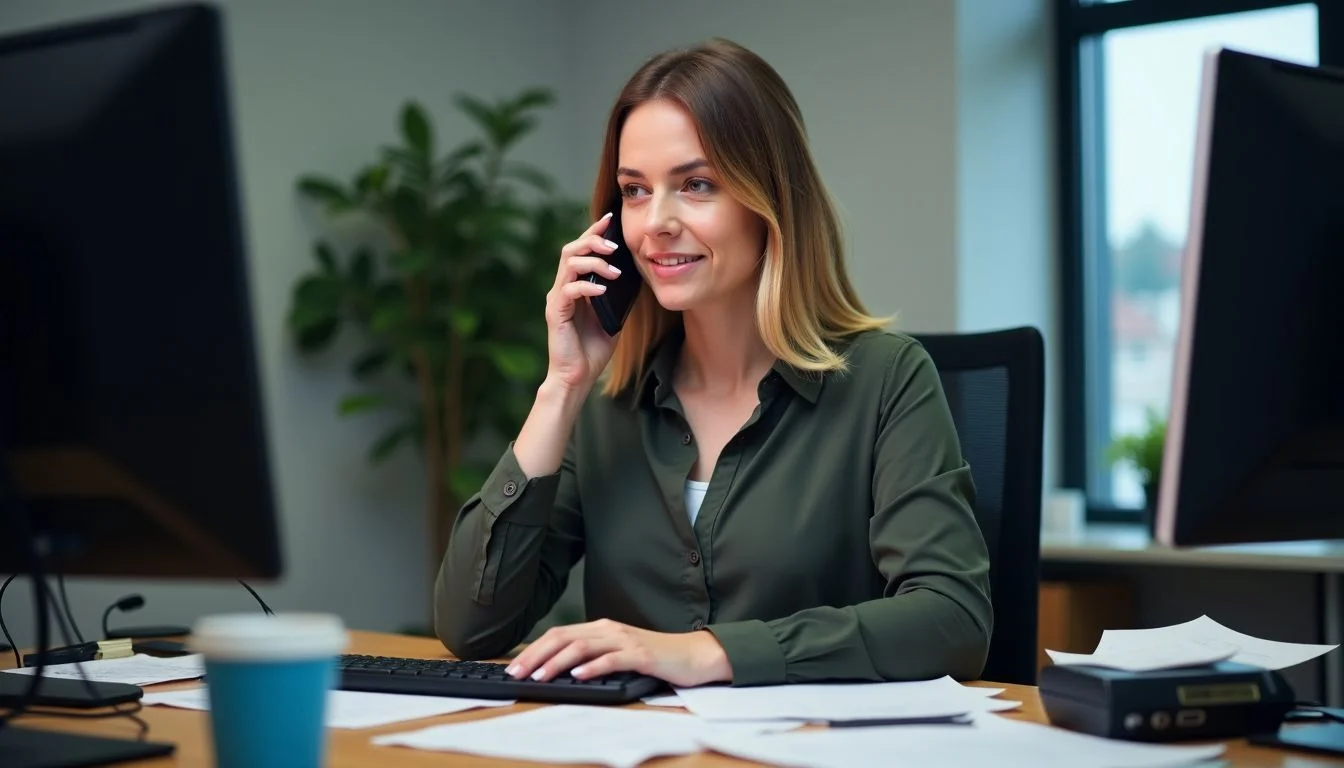 A woman in a busy office, multitasking on the phone and computer.