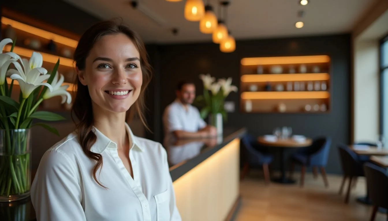A modern and welcoming reception area in a high-end restaurant.