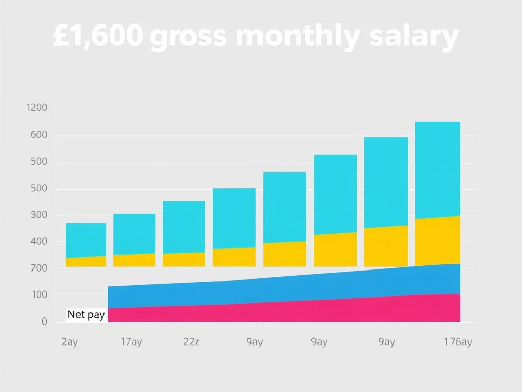 Bar graph showing the breakdown of a £1,600 gross monthly salary, with separate colored sections for income tax, National Insurance, pension contributions, and the remaining net pay, using UK pounds currency