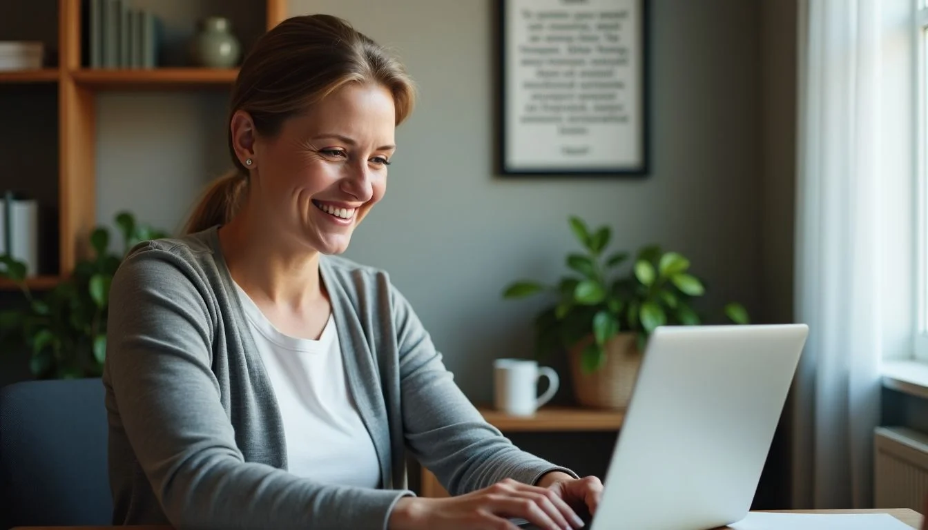 A woman at her desk reading a glowing testimonial on her laptop.
