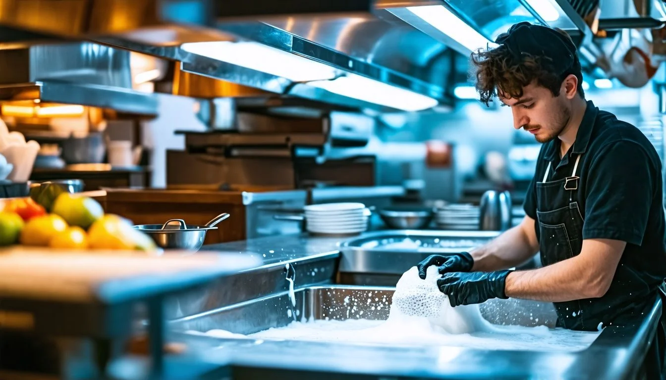 A kitchen porter scrubbing pans in a busy London restaurant sink. A kitchen porter scrubbing pans in a busy London restaurant sink.