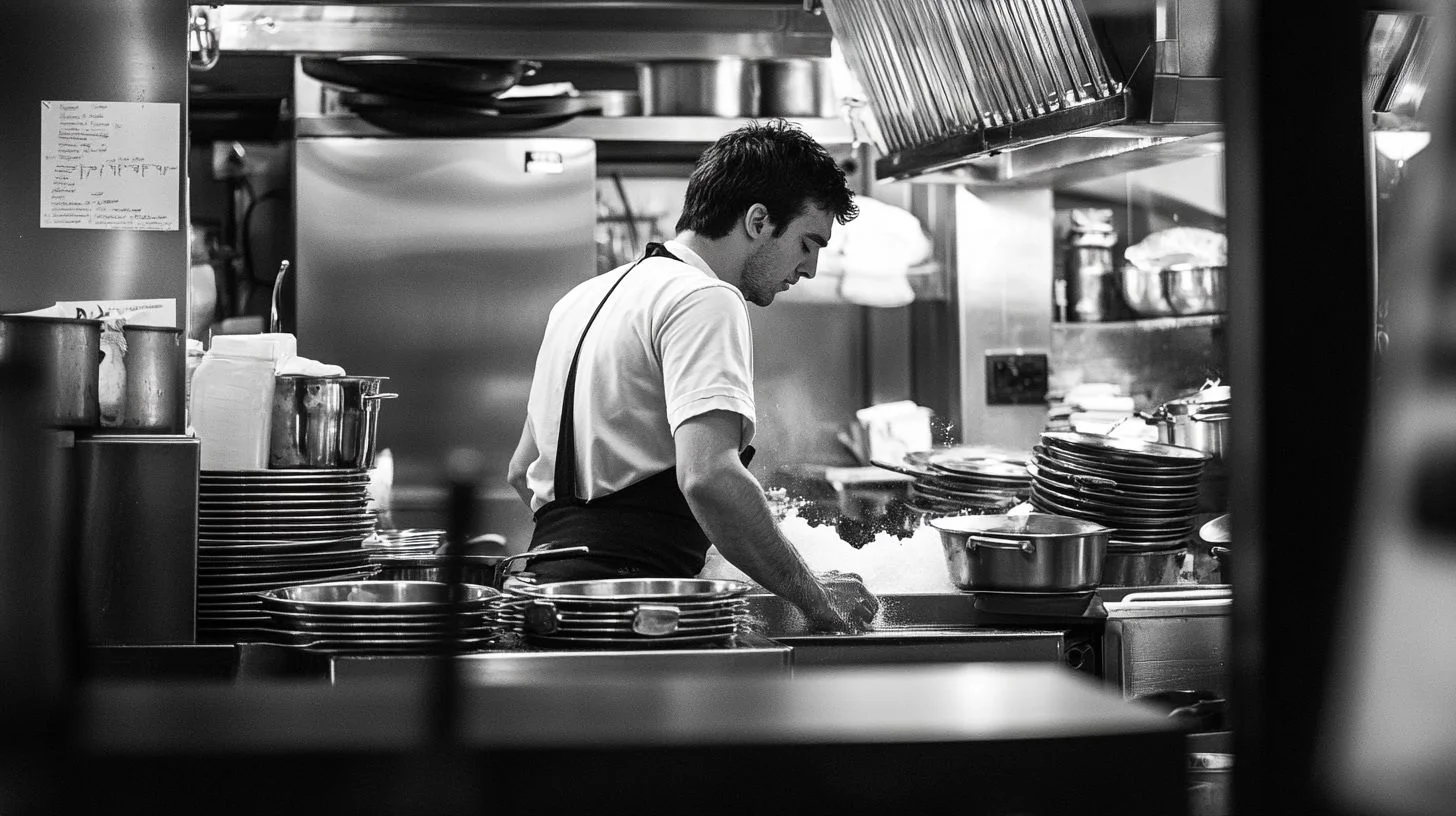 A young man washes dishes in a busy London restaurant kitchen. A young man washes dishes in a busy London restaurant kitchen.