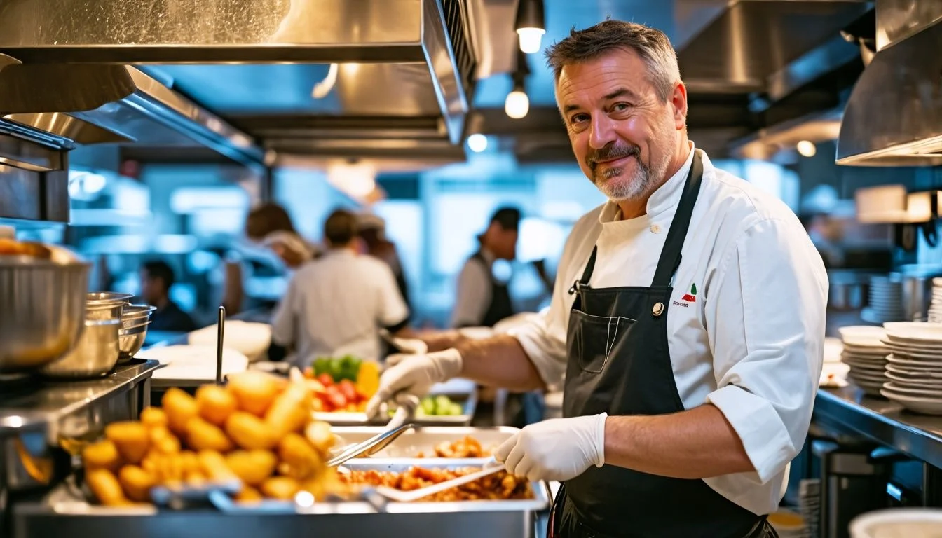 A man works as a part-time kitchen porter in a busy London kitchen. A man works as a part-time kitchen porter in a busy London kitchen.