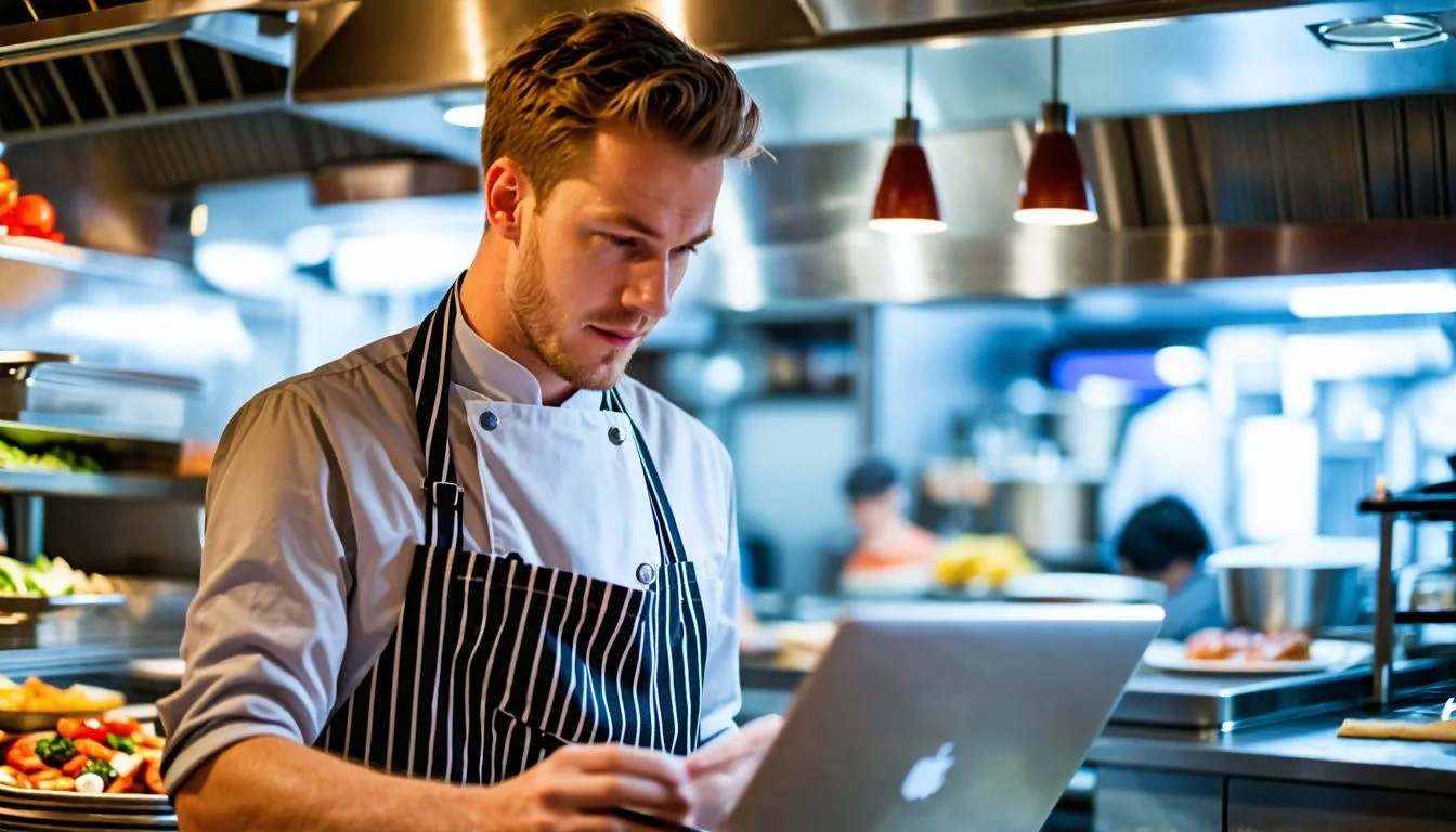A 30-year-old male updating his CV in a busy London restaurant kitchen. A 30-year-old male updating his CV in a busy London restaurant kitchen.
