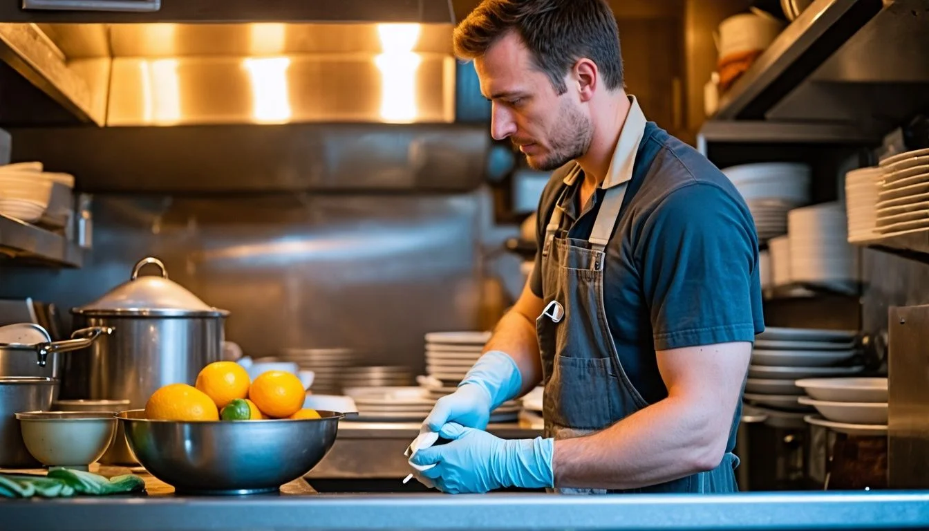 A mid-30s kitchen porter diligently scrubbing dishes in a busy restaurant. A mid-30s kitchen porter diligently scrubbing dishes in a busy restaurant.
