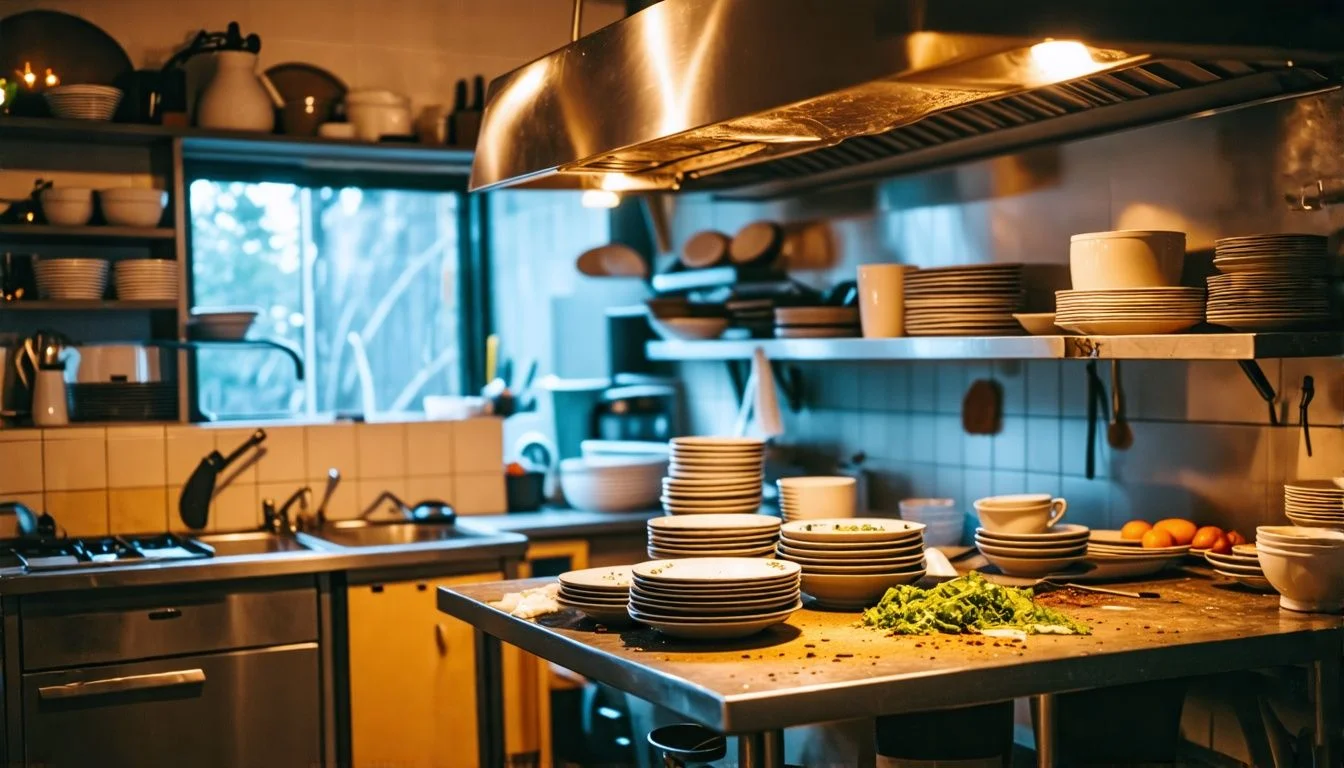 Cluttered, unclean professional kitchen underscores need for reliable hospitality recruitment agency. Cluttered, unclean professional kitchen underscores need for reliable hospitality recruitment agency.