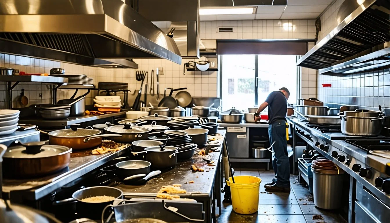A cluttered commercial kitchen with dirty pots and pans. A cluttered commercial kitchen with dirty pots and pans.