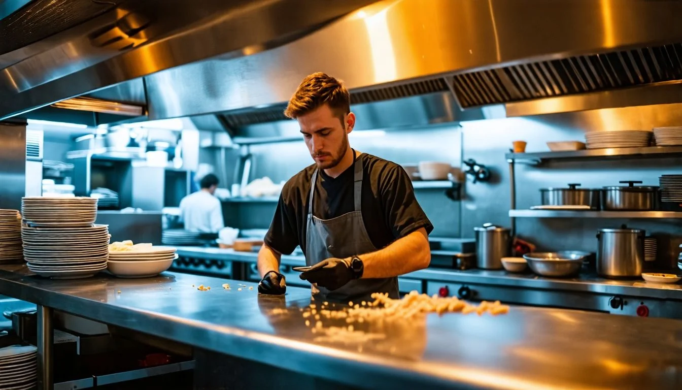 A kitchen porter working in a busy London restaurant kitchen. A kitchen porter working in a busy London restaurant kitchen.