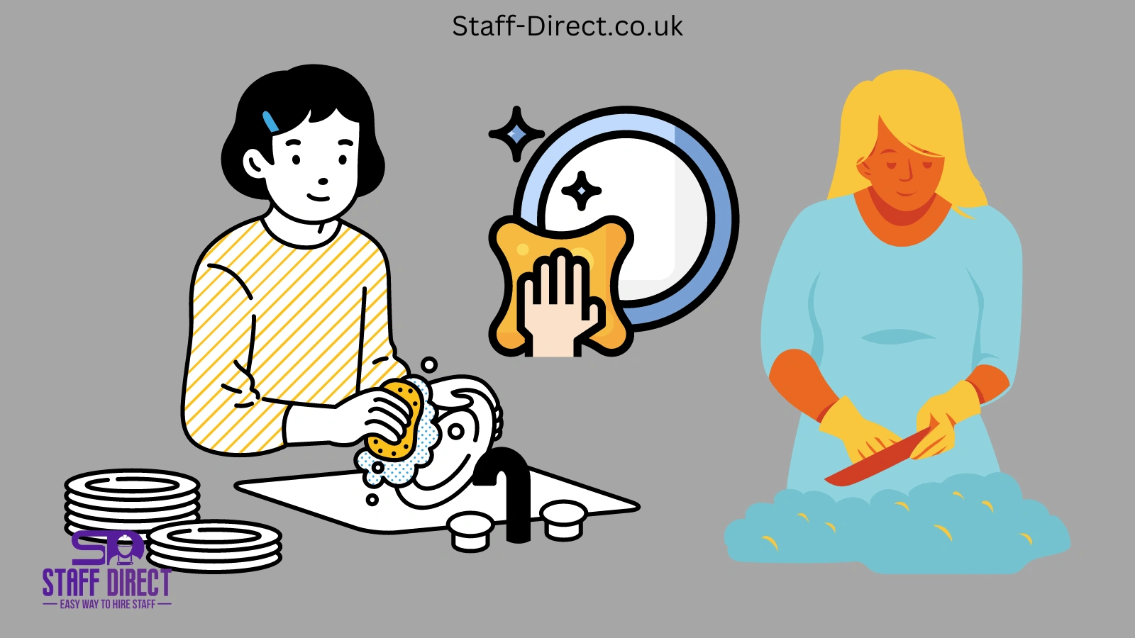 Kitchen porter efficiently cleaning dishes