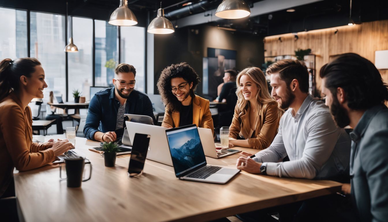 A diverse group of professionals collaborating in a modern co-working space.